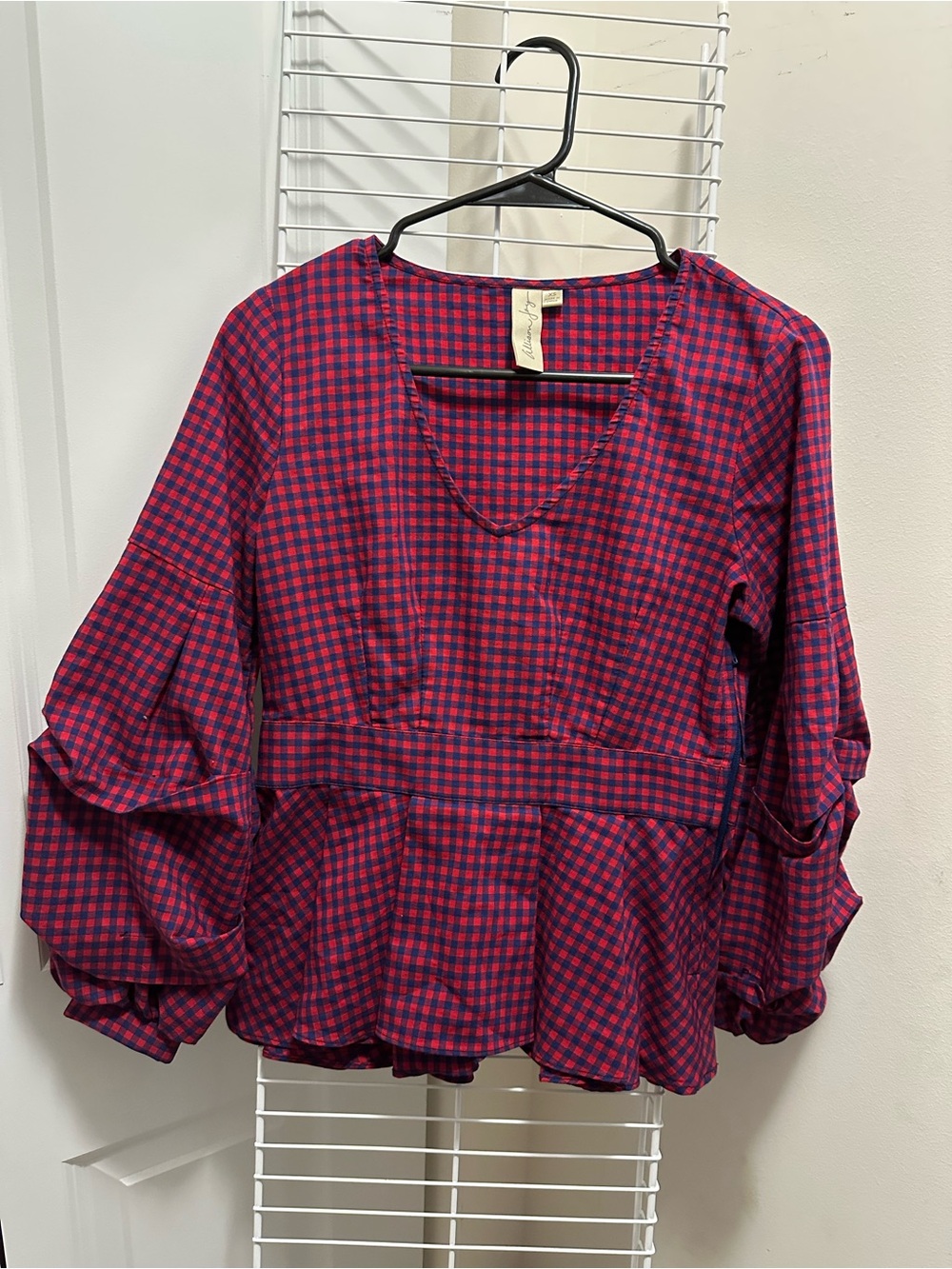 Checked Peplum V-Neck Blouse in Red and Navy